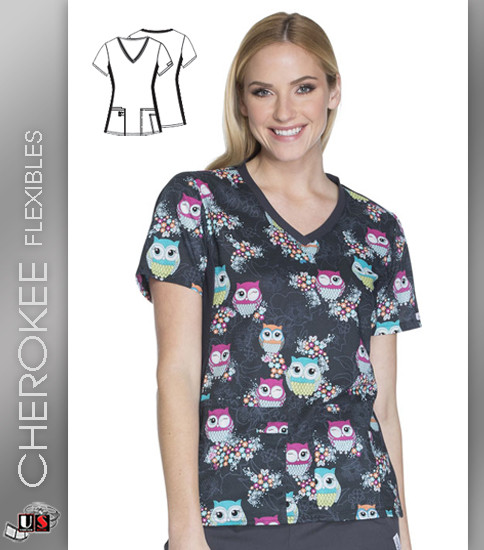 Cherokee Flexibles Too Cute To Hoot Women's V-Neck Knit Panel Top