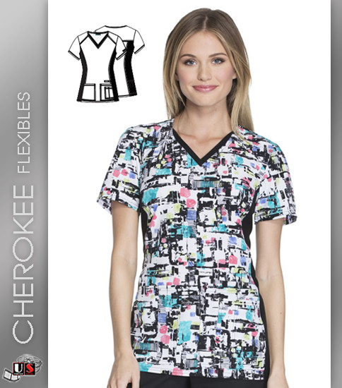 Cherokee Flexibles Block And Roll Women's V-Neck Short Sleeve Top