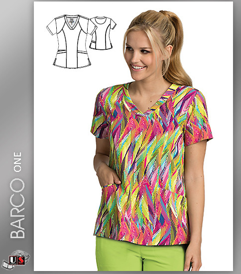 Barco One Feather Multi Print V-Neck Scrub Top