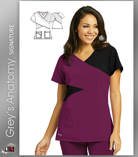 Grey's Anatomy™ Signature Women's Mock Wrap Colorblock Scrub Top - Wine-Black