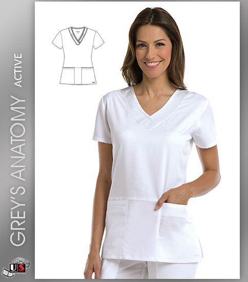 Greys Anatomy Active 3 Pocket V-Neck Scrub Top - WVT White