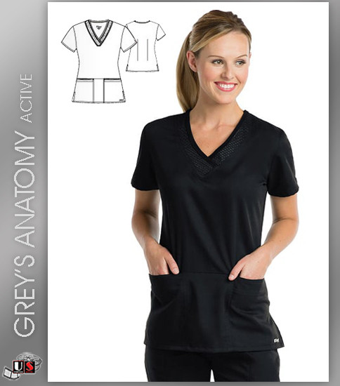 Greys Anatomy Active 3 Pocket V-Neck Scrub Top - BVT Black