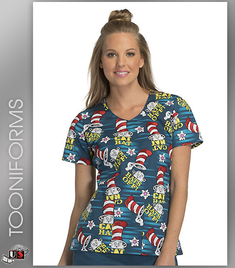 Cherokee Tooniforms Cat Hats Off Women's V-Neck Short Sleeve Top