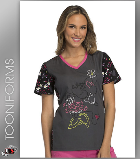 Cherokee Tooniforms Minnie Confetti Women's V-Neck Short Sleeve Top