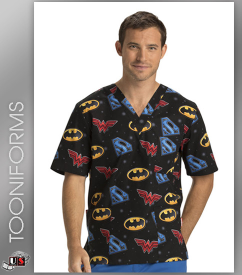 Cherokee Tooniforms Justice League Trio Unisex V-Neck Short Sleeve Top