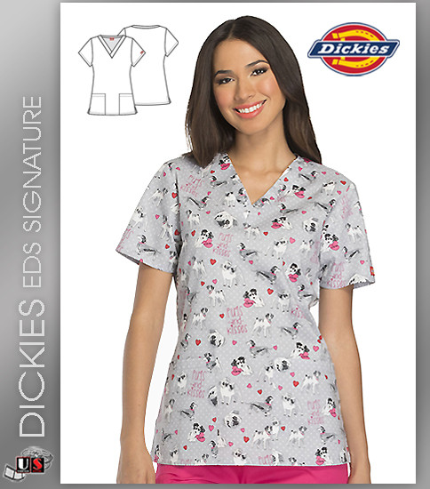 Dickies EDS Pugs and Kisses Print Women's V-Neck Scrub Top