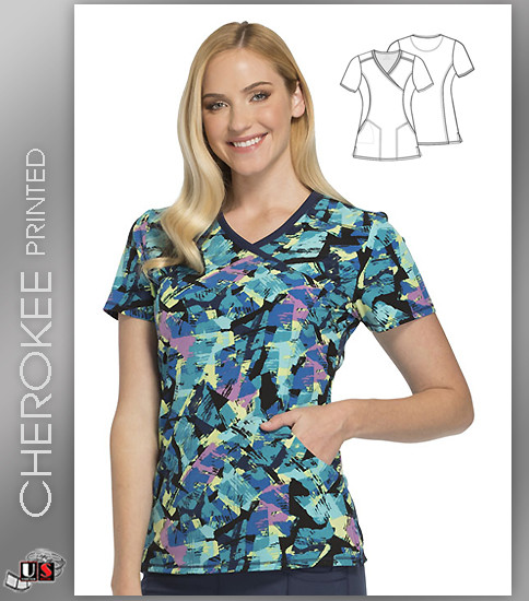 Cherokee Printed Texture Time Women's V-Neck Top