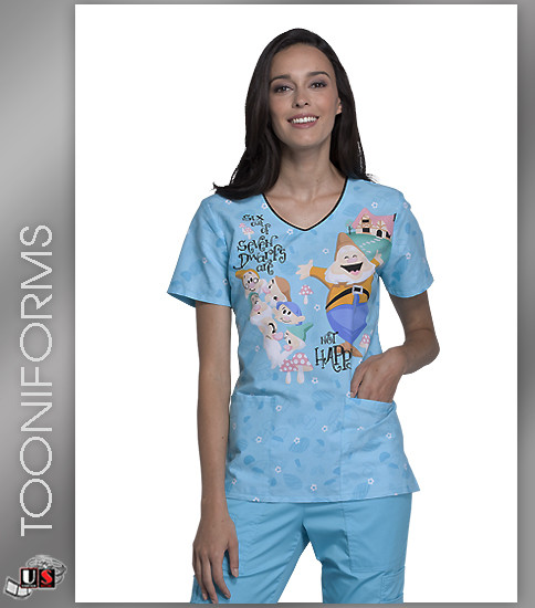Cherokee Tooniforms Happy Dwarfs Women's V-Neck Short Sleeve Top