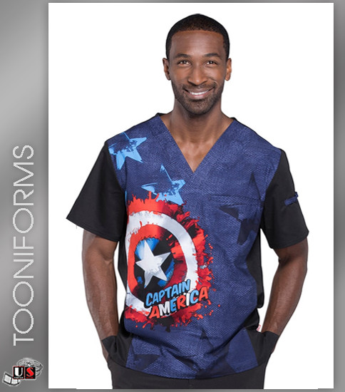 Cherokee Tooniforms Marvel Shield Men's V-Neck Short Sleeve Top