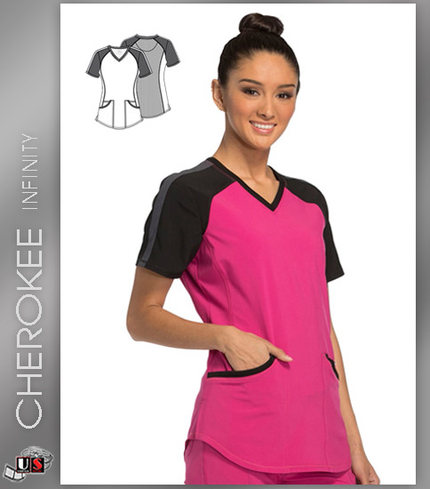 Cherokee INFINITY Women's V-Neck Knit Back Solid Scrub Top - POBR