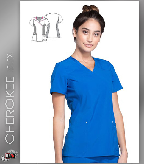 Cherokee iFLEX Women's Mock Wrap Soft Side Panel Solid Scrub Top
