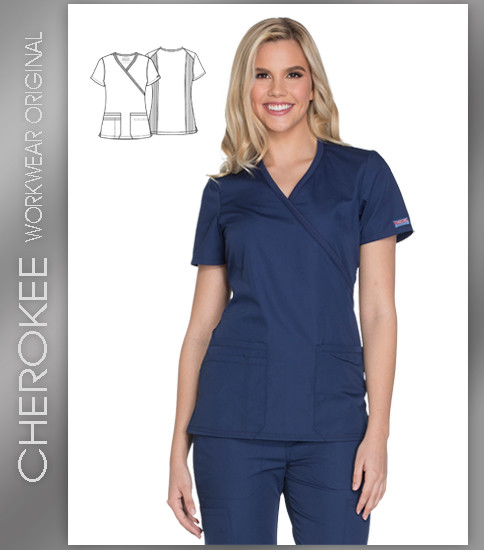 Cherokee Workwear Originals Women's Mock Wrap Knit Panel Solid Scrub Top