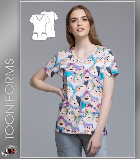 Cherokee Tooniforms Women's The Seven Dwarfs Print V-Neck Top
