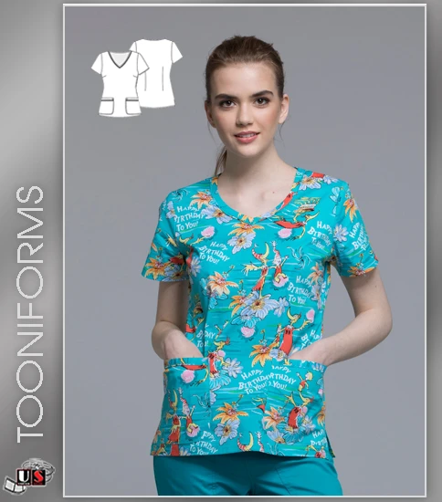 Cherokee Tooniforms Women's Happy Birthday Print V-Neck Top