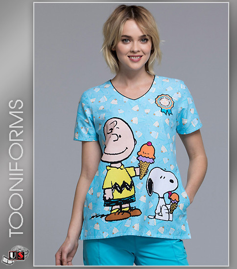 Cherokee Tooniforms Women's Chill Charlie Brown Print V-Neck Top