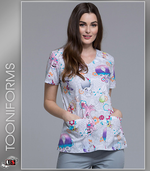 Cherokee Tooniforms Women's Poppy Days Print V-Neck Top