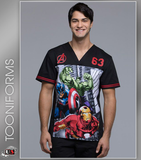 Cherokee Tooniforms Men's Heroes Forever Print V-Neck Top