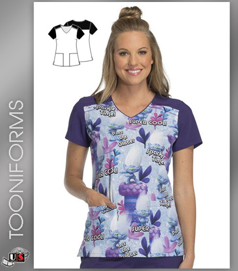 Cherokee Tooniforms Women's Sparkle Time Print V-Neck Top