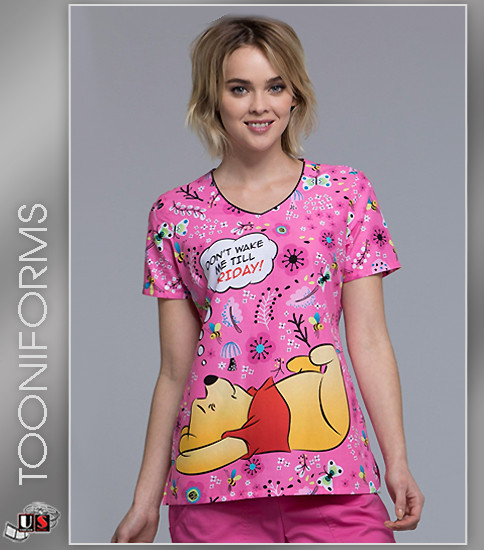 Cherokee Tooniforms Women's Don't Wake Me Print V-Neck Short Sleeve Top