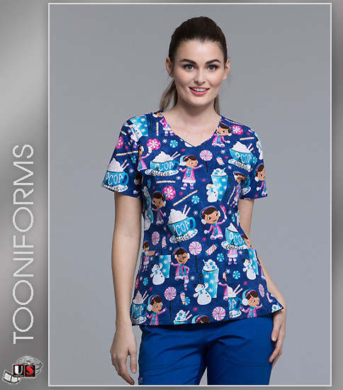 Cherokee Tooniforms Women's Cocoa Cuddles Print V-Neck Short Sleeve Top