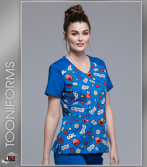 Cherokee Tooniforms Elmo Is Awesome Print with Welt Pockets V-Neck Scrub Tops
