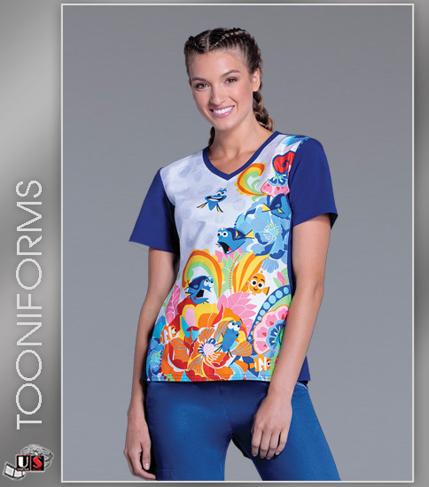 Cherokee Tooniforms Women's Fluent In Whale Print V-Neck Top