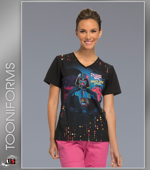 Cherokee Tooniforms Women's Star Wars Print V-Neck Top
