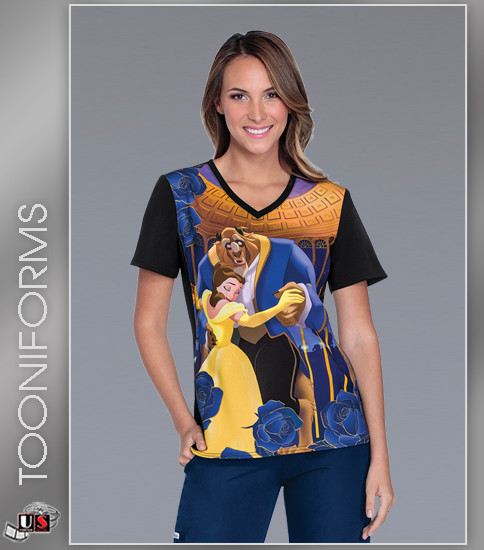 Cherokee Tooniforms Women's Beauty and the Beast Print V-Neck Top