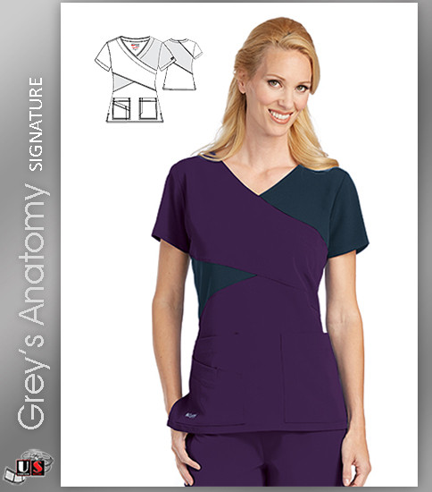 Grey's Anatomy™ Signature Women's Mock Wrap Colorblock Scrub Top - Plush Purple-Graphite