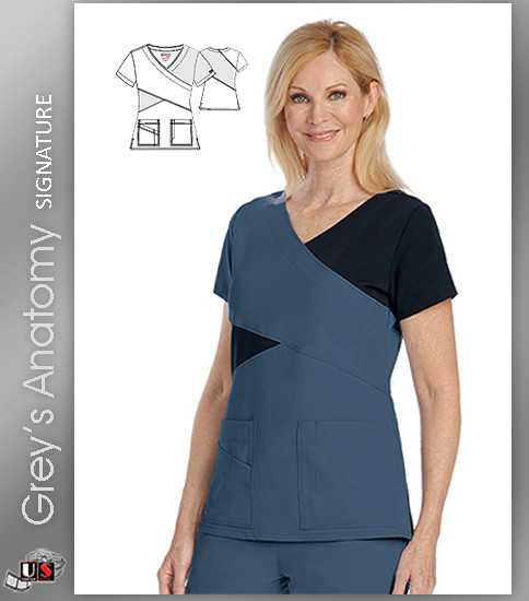 Grey's Anatomy™ Signature Women's Mock Wrap Colorblock Scrub Top - Silverlake-Black