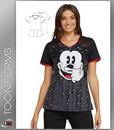 Cherokee Tooniforms Women's Moustache Print V-Neck Top