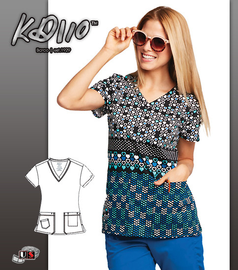 KD110 BY Barco I Heart You Two Pockets V-Neck Print Scrub Top