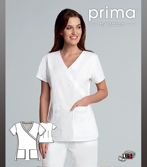 Barco Prima Mock Wrap Fashion White Four Pockets Scrub Top