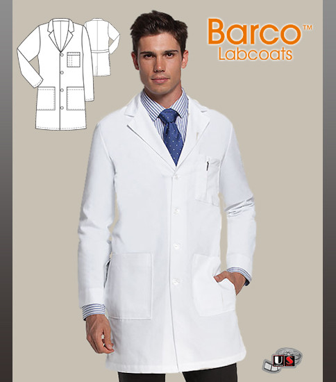 Barco White 37" Men's 6 Pocket Labcoat with Four Patch Pockets