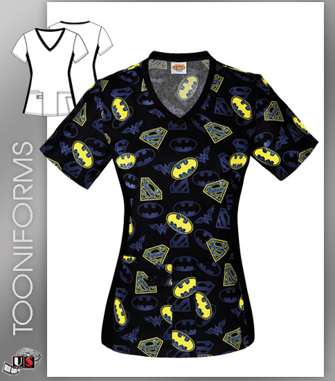 Cherokee Tooniforms Justice League V-Neck Knit Panel Top