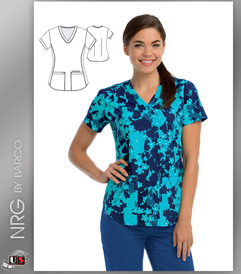 NRG By Barco Rainforest 3 Pocket V-Neck Print Scrub Top