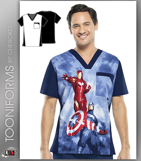 Cherokee Tooniforms Marvel Heroes Men's V-Neck Top