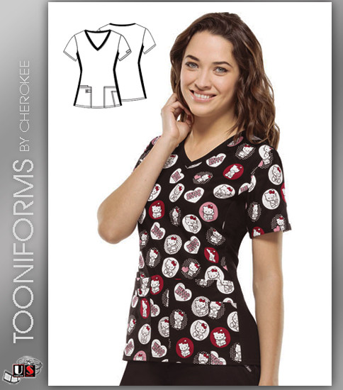 Cherokee Tooniforms Hello Kitty Hugs V-Neck Knit Panel Top