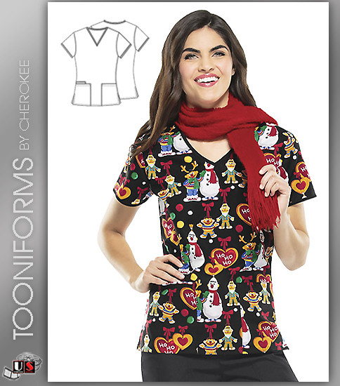 Cherokee Tooniforms Sesame Ho Ho V-Neck Scrub Top