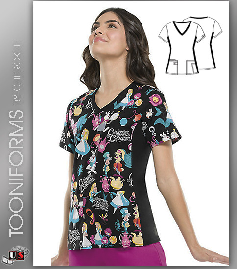 Cherokee Tooniforms Alice's Tea Party V-Neck Knit Panel Top