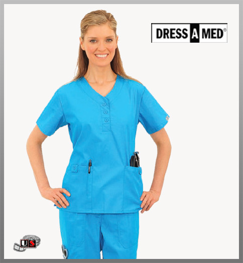 Dress A Med Solid Premium Mock Wrap 2 Pocket Top Set with Button Design Turquoise