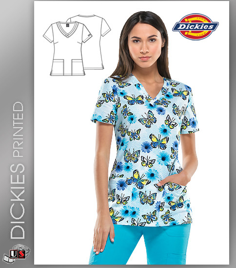 Dickies EDS Women's V-Neck Catching Butterflies Print Scrub Top
