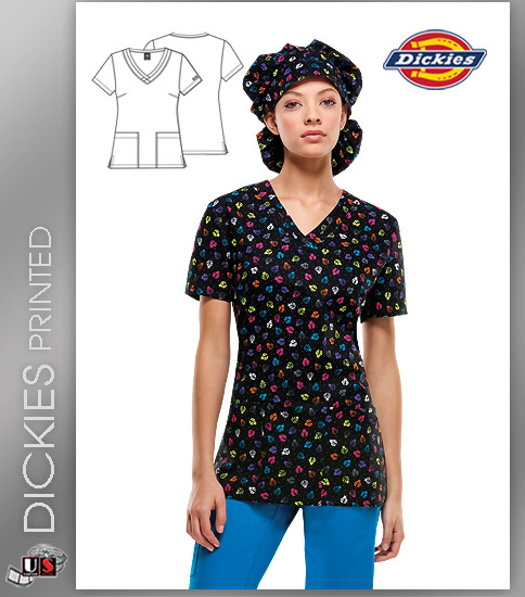 Dickies EDS Women's V-Neck Hello Little Lady Print Scrub Top