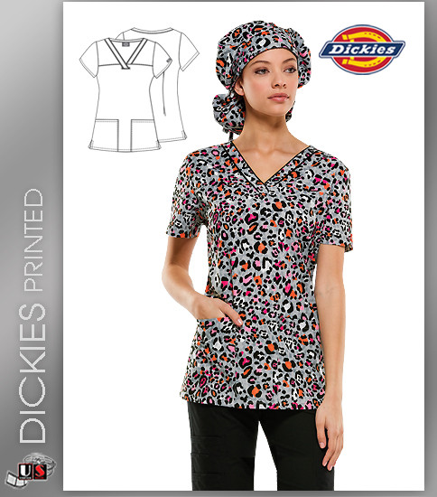 Dickies EDS Women's V-Neck Let There Be Leopard Print Scrub Top