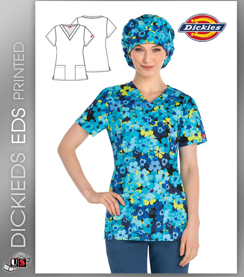 Dickies EDS A Dime A Daisy Print Women's V-Neck Scrub Top