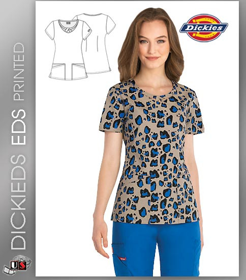 Dickies EDS Kitty Cat Camo Print Women's Round Neck Scrub Top
