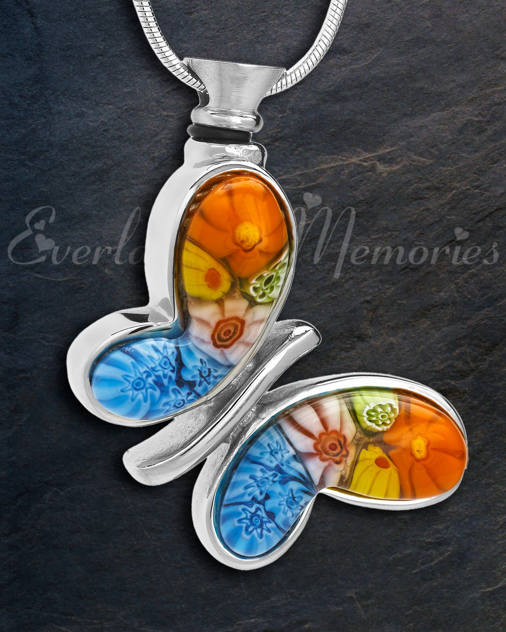 Collana Urna Ceneri A Farfalla Con Fiore Cavo, In Acciaio Inox, Ciondolo Memoriale Per Ceneri, Catena 56 Cm, Regalo Commemorativo
