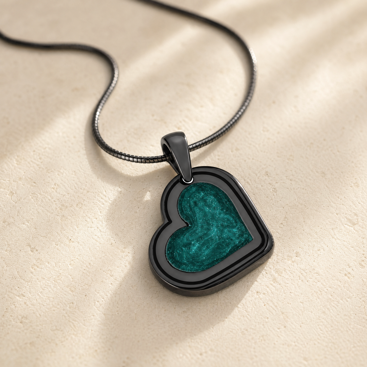 Attentive Heart Black Finish Ash Resin Jewelry, Black Heart