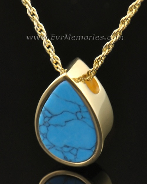 14k gold turquoise teardrop cremation pendant to hold ashes