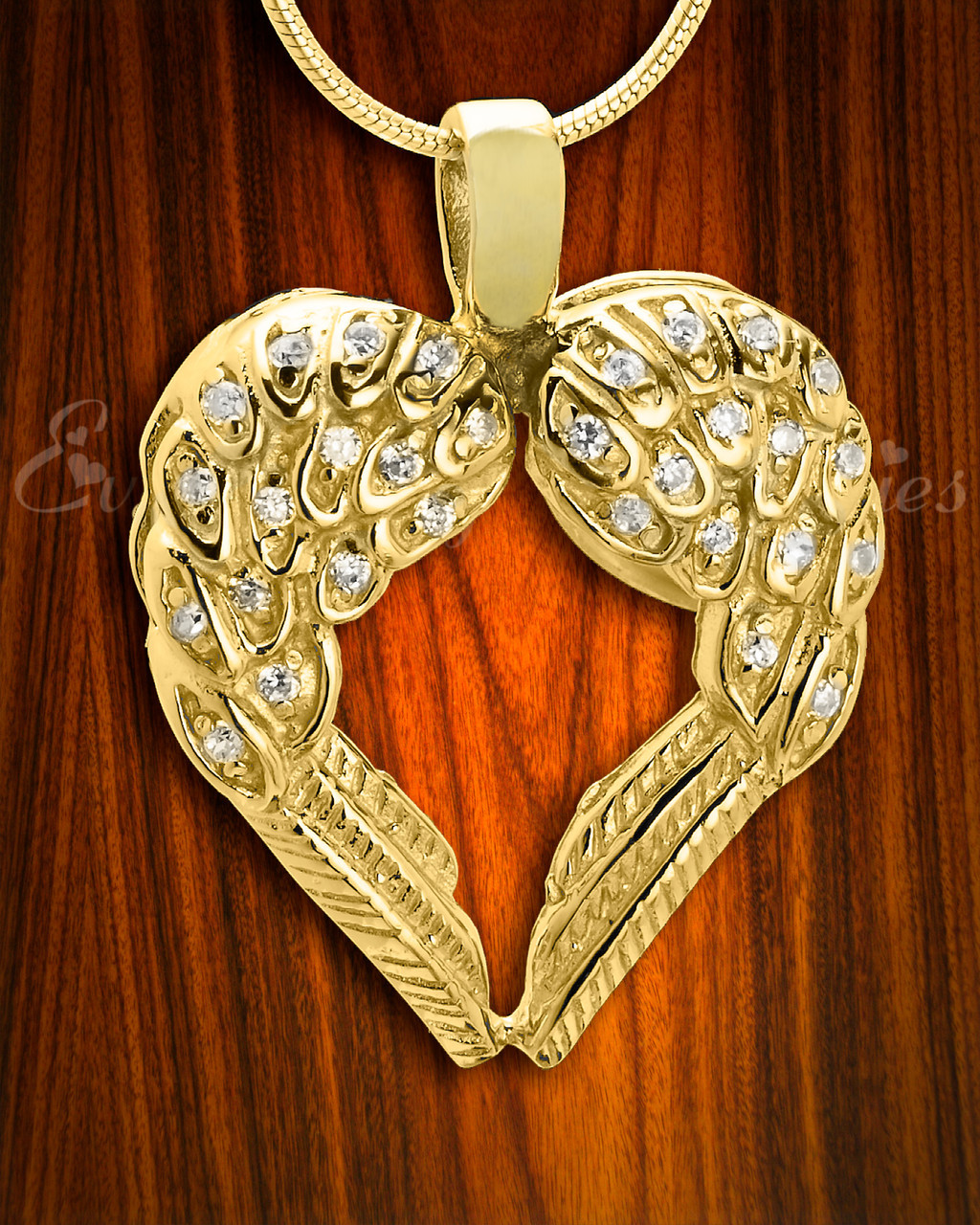 Gold Plated Wings of Hope cremation jewelry and heart urn pendants